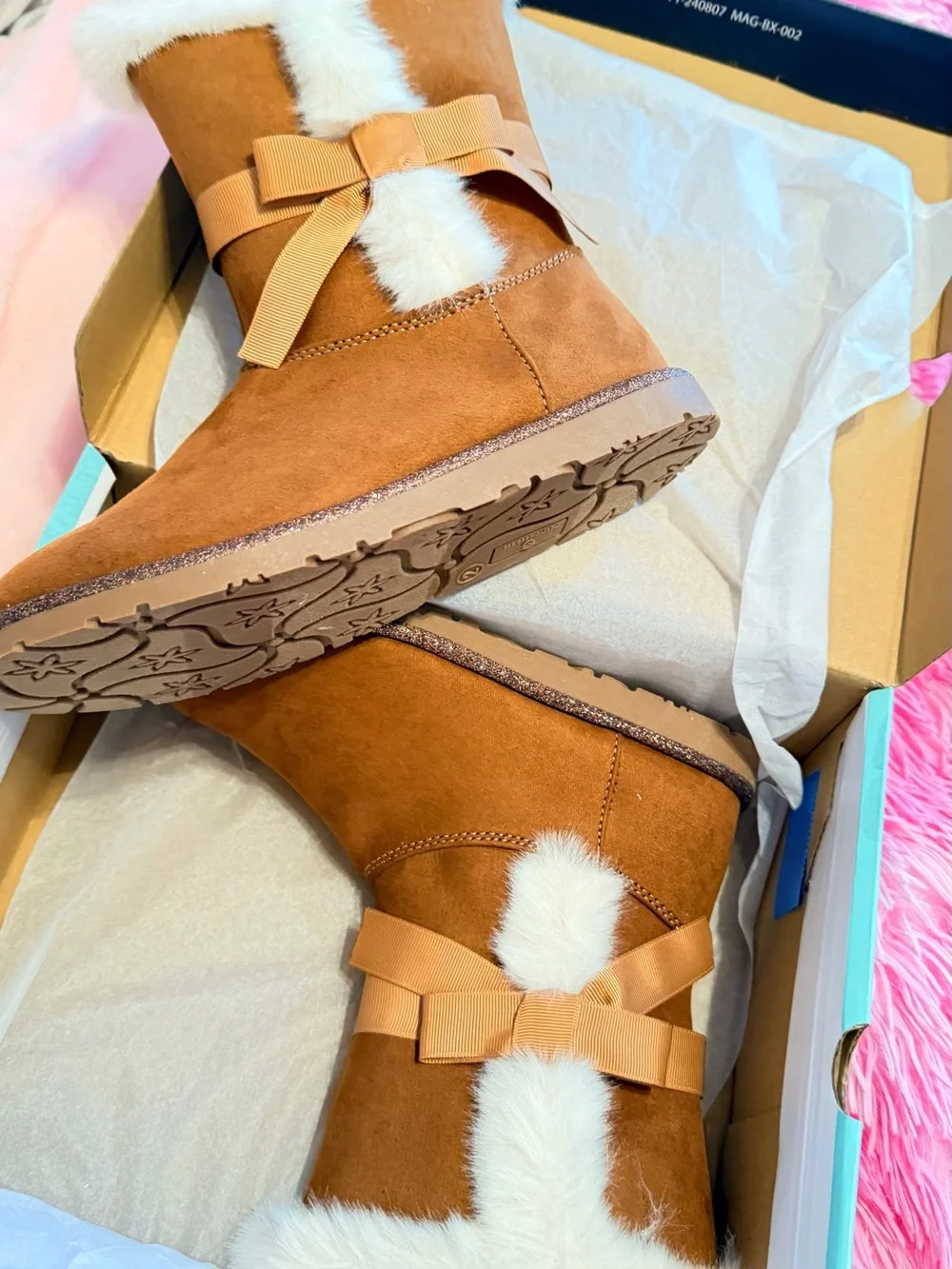 Kids Suede Faux-Fur Winter Boots with Bow - Chestnut - size 2